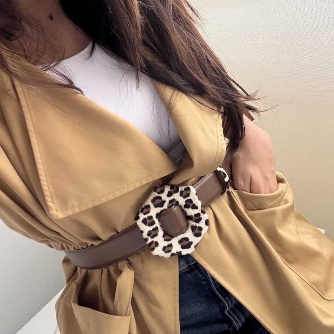 Correa cafe-leopardo beige Hebilla exagonal
